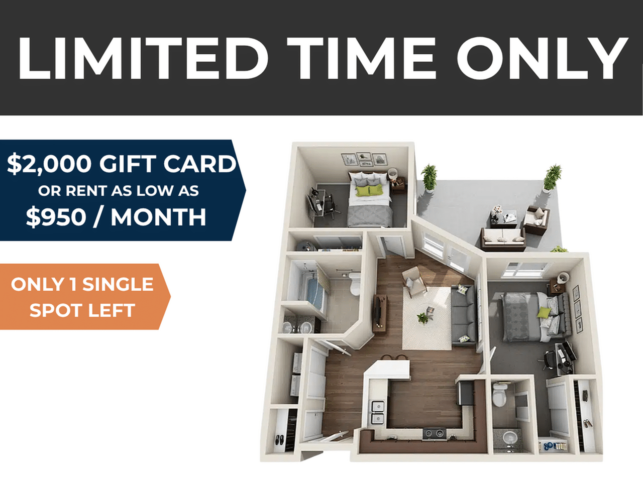 A 3D image of the 2BR/1.5BA – Potter floorplan, a 408 squarefoot, 2 bed / 1.5 bath unit