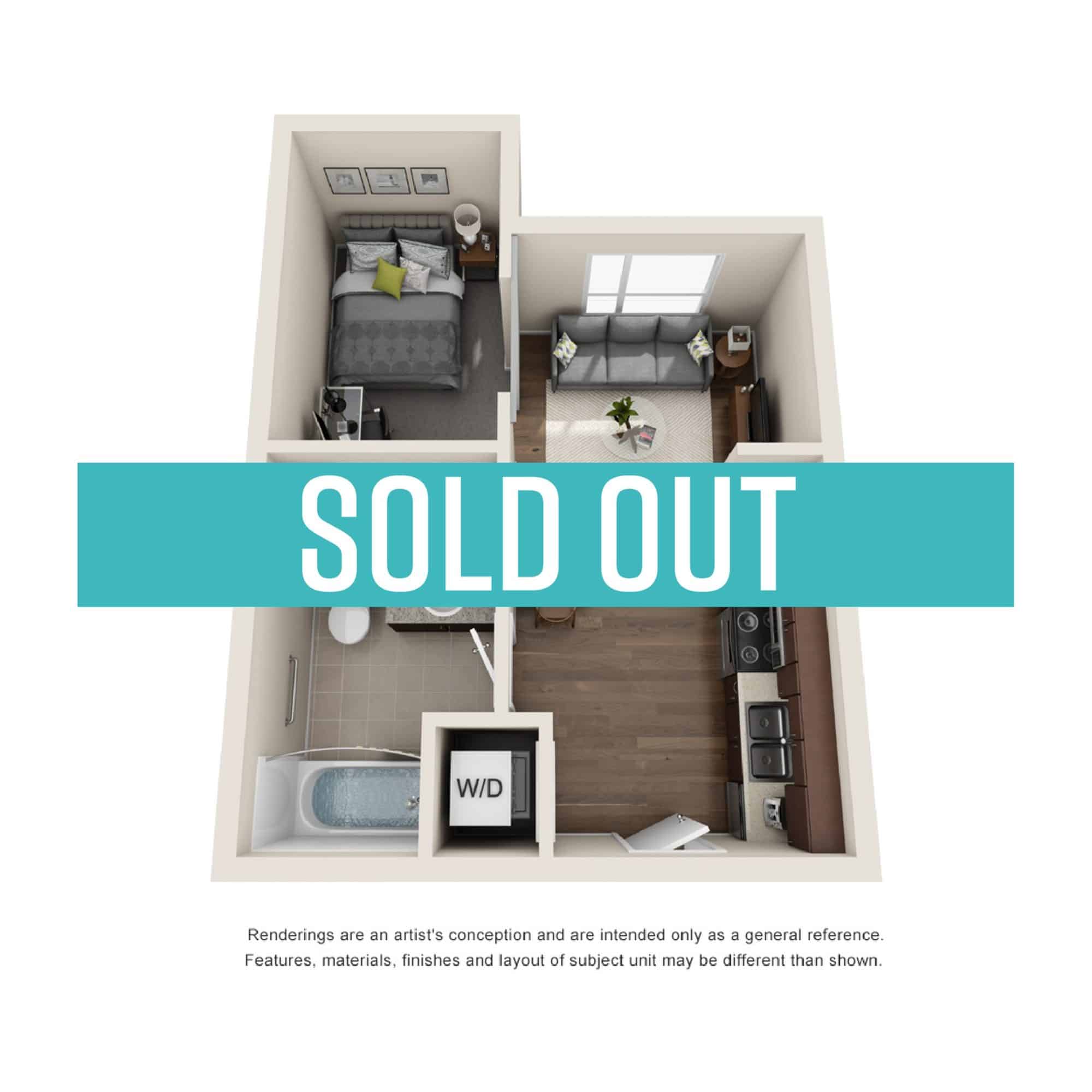 A 3D image of the 1BR/1BA – Walnut floorplan, a 400 squarefoot, 1 bed / 1 bath unit