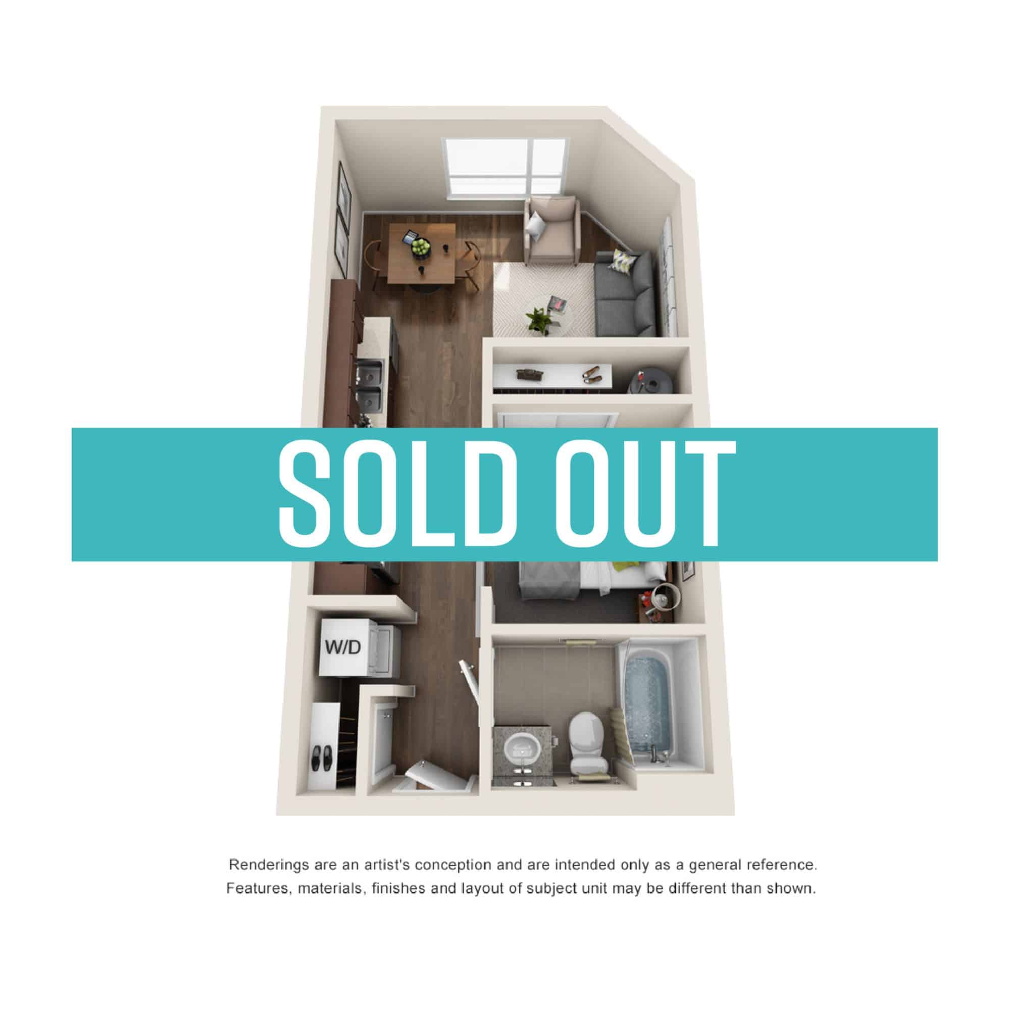 A 3D image of the 1BR/1BA – Willamette floorplan, a 460 squarefoot, 1 bed / 1 bath unit