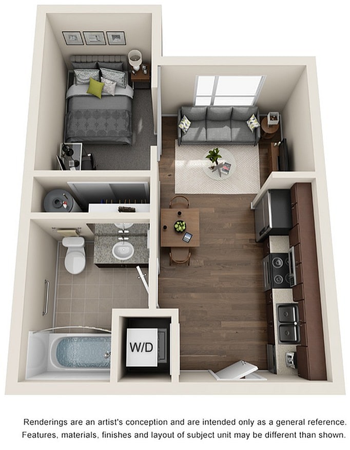 A 3D image of the 1BR/1BA – Walnut floorplan, a 400 squarefoot, 1 bed / 1 bath unit