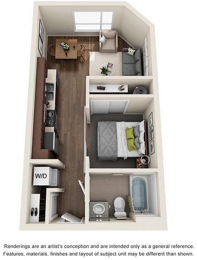 A 3D image of the 1BR/1BA – Willamette floorplan, a 460 squarefoot, 1 bed / 1 bath unit