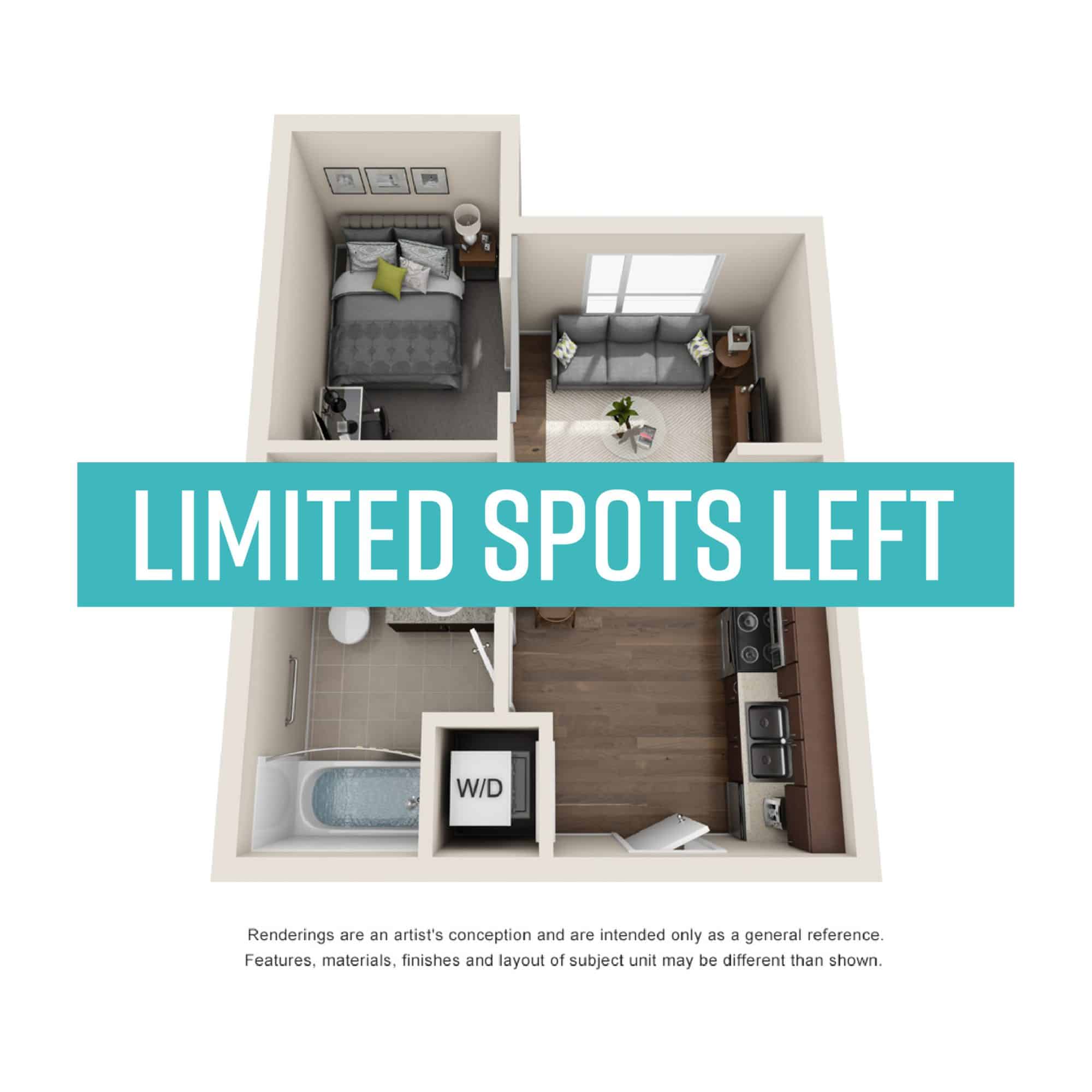 A 3D image of the 1BR/1BA – Walnut floorplan, a 400 squarefoot, 1 bed / 1 bath unit