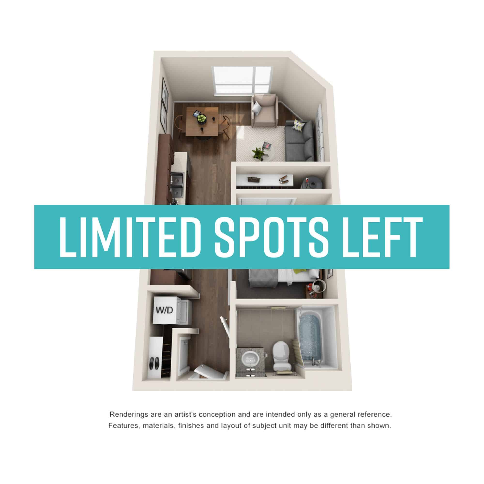 A 3D image of the 1BR/1BA – Willamette floorplan, a 460 squarefoot, 1 bed / 1 bath unit